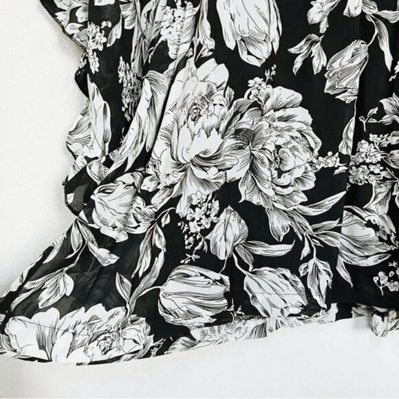 MINKPINK Women's Black Floral V Neck Flutter Kimono Ruffle Sleeves Mini Dress 10 - Picture 12 of 14